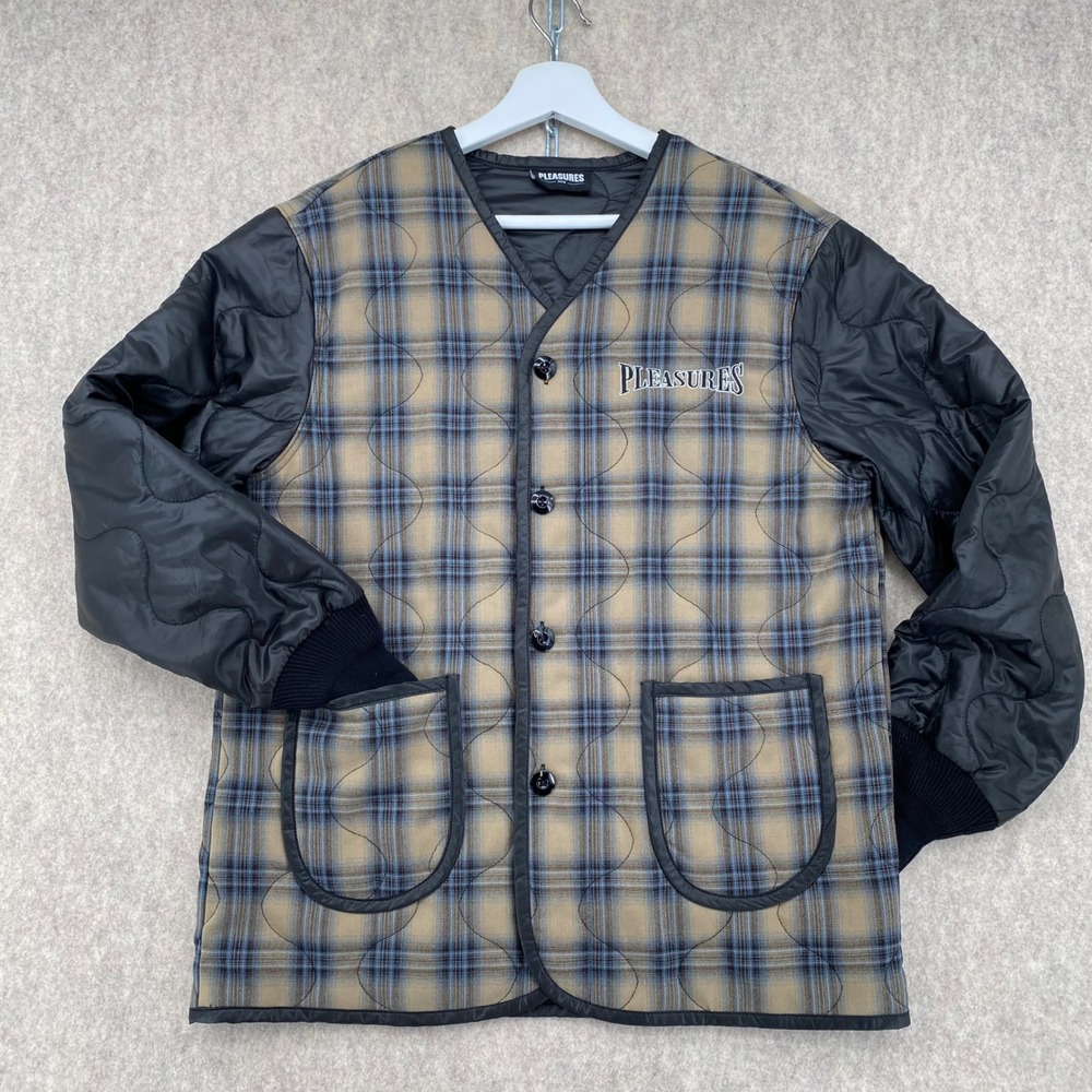 Pleasures Bowery Quilted Plaid Liner Jacket Tan Blue Black Mens Small Button Up